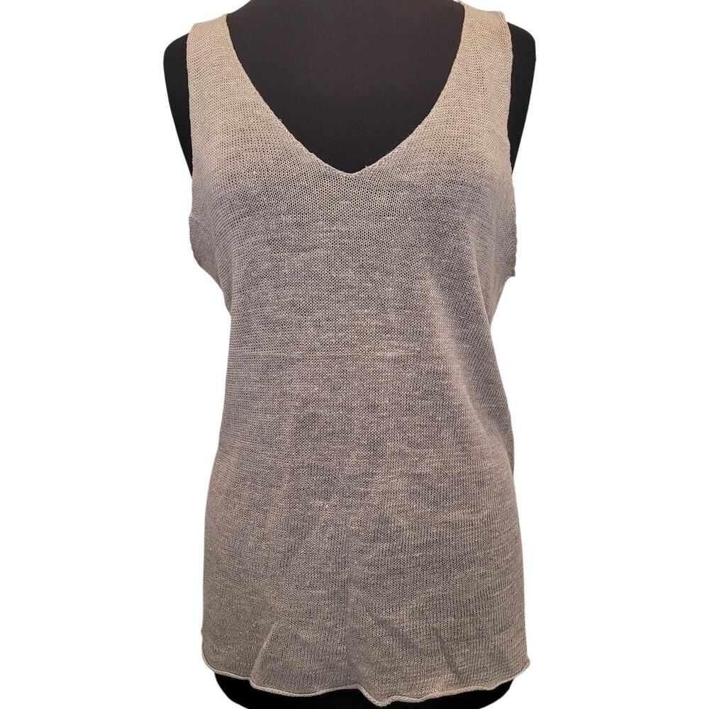 Eileen Fisher Linen V Neck Top M Beige Lightweight Minimalist Quiet Luxe Coastal